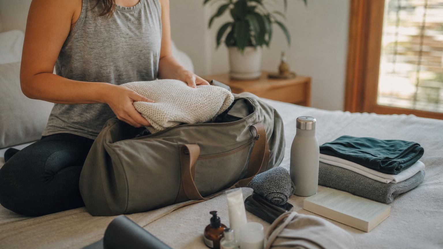 Woman packing a beige sweater into an olive green duffel bag on a bed alongside a water bottle, book, and folded clothes. Woman packing a beige sweater into an olive green duffel bag on a bed alongside a water bottle, book, and folded clothes.
