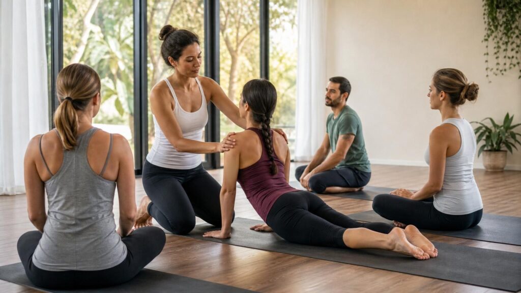 profesora corrigiendo postura de yoga