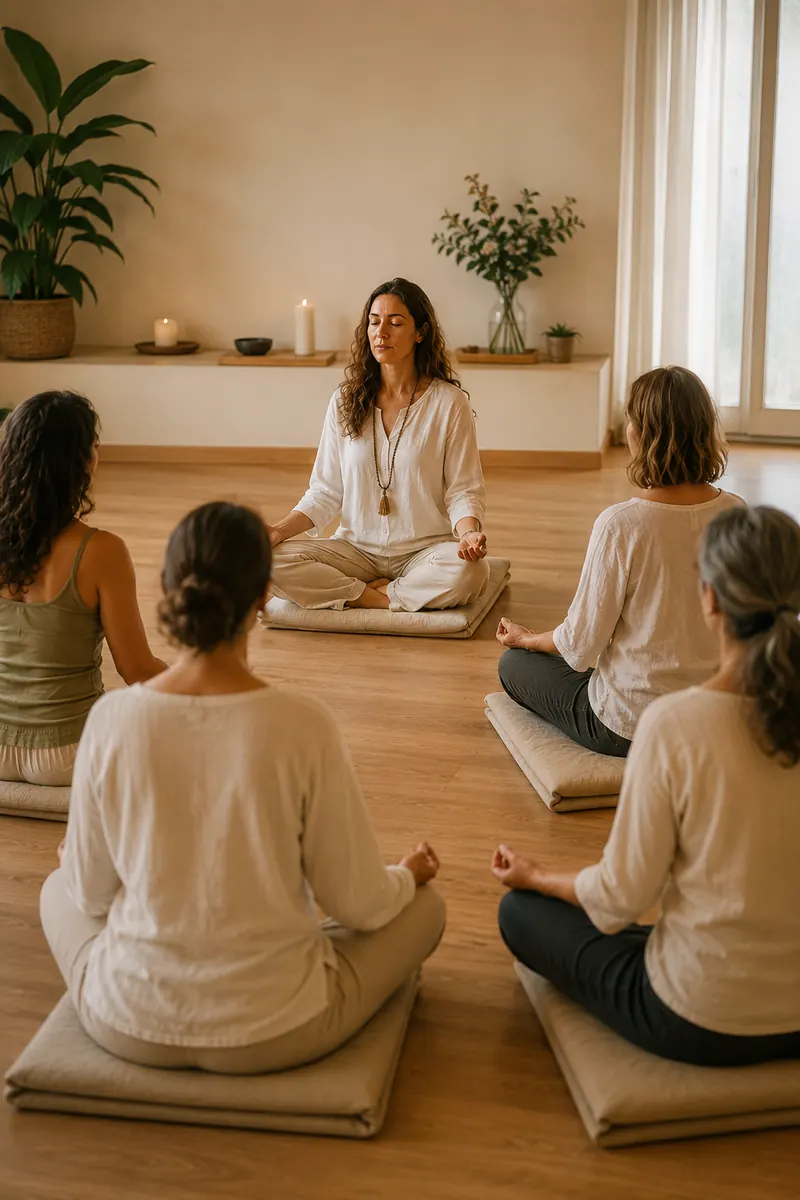 profesora corrigiendo postura de yoga