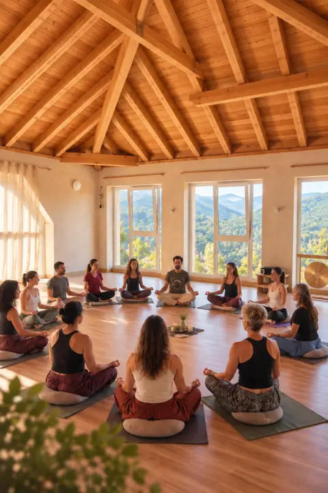alumnos practicando yoga en el bosque