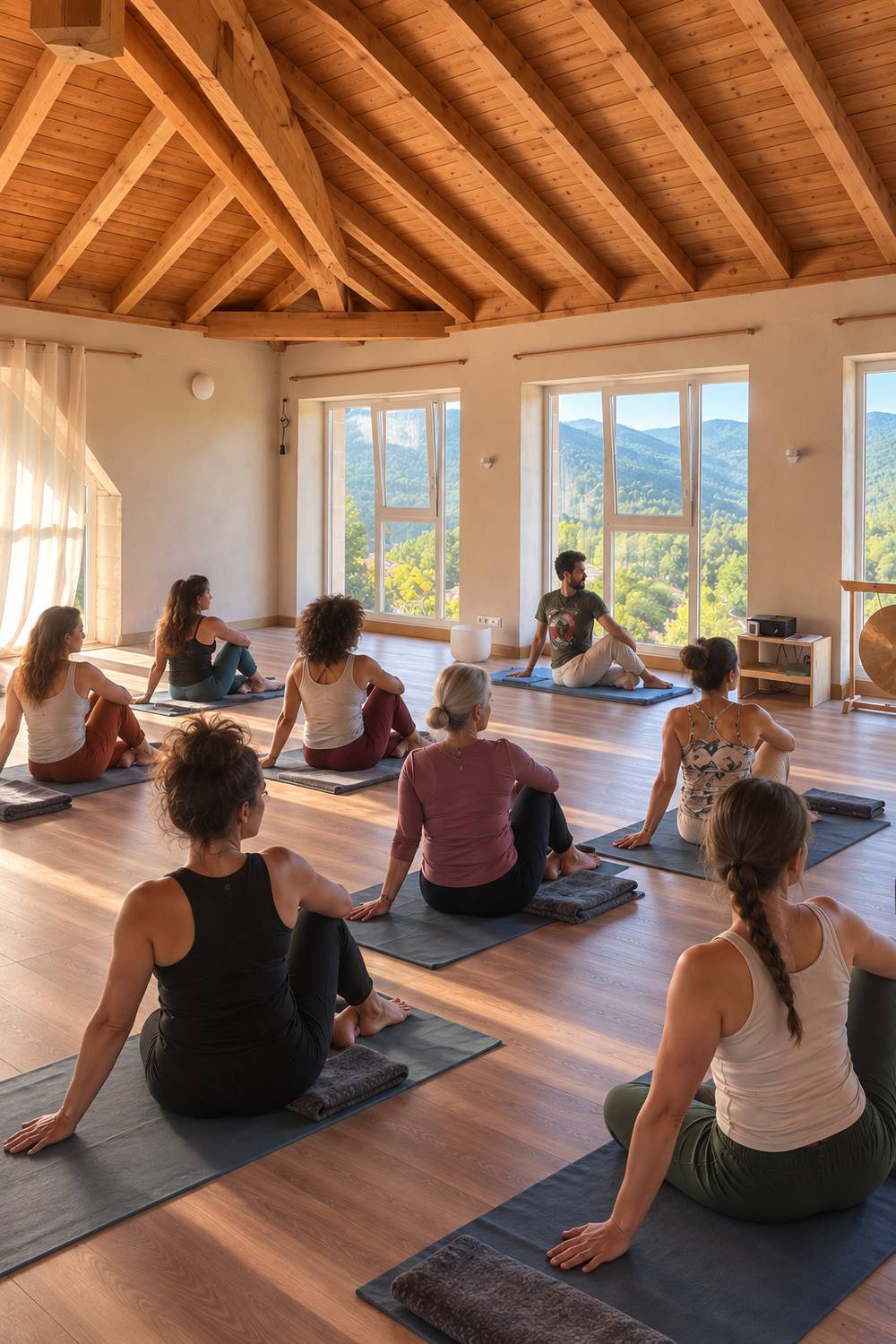 alumnos practicando yoga en el bosque
